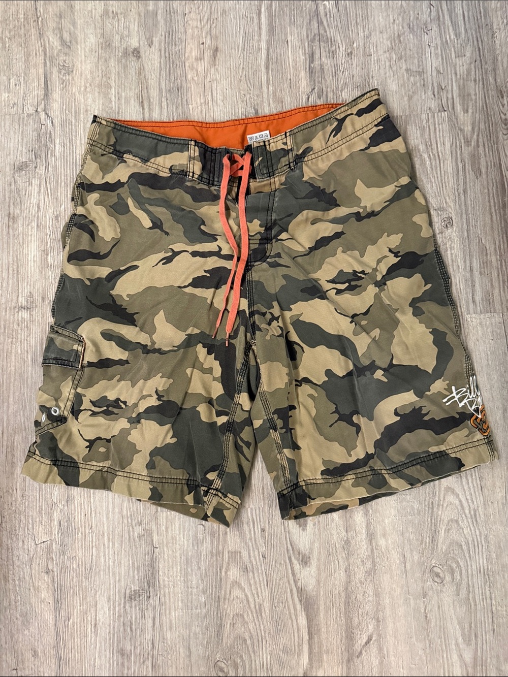 Billabong Green and Tan Camo Cargo Shorts with Orange Waistband